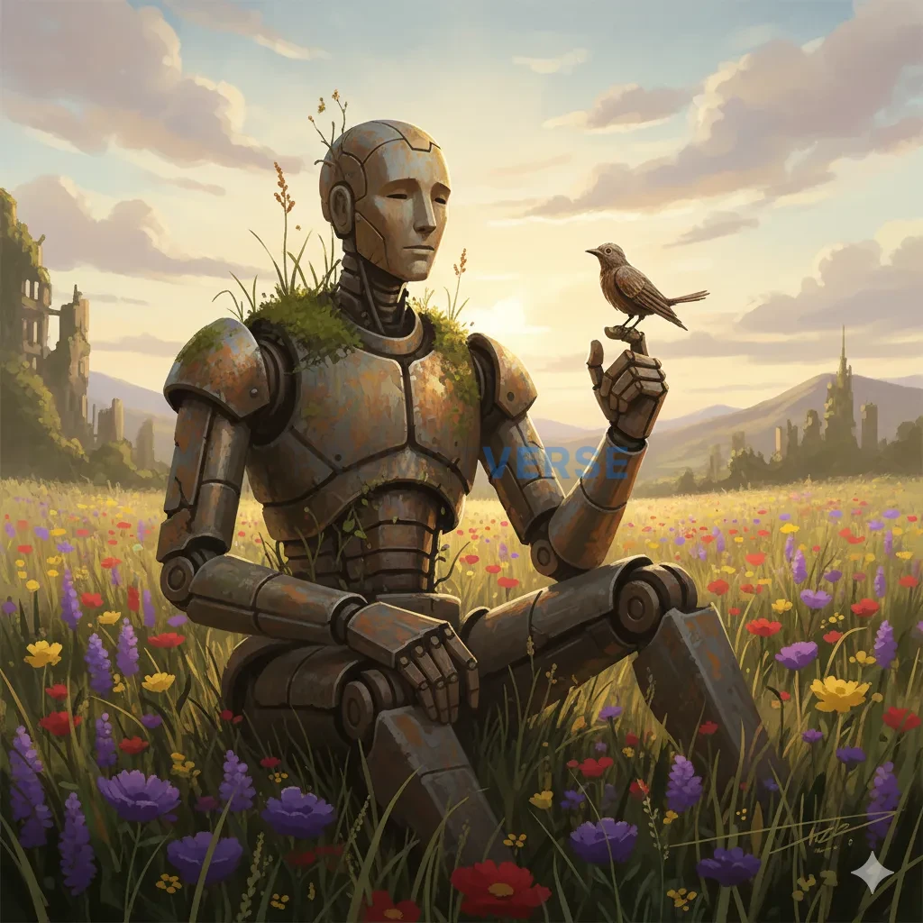 An ancient, rust-covered automaton, sitting peacefully in a field of wildflowers, a single, metallic bird perched on its finge - PromptVerse