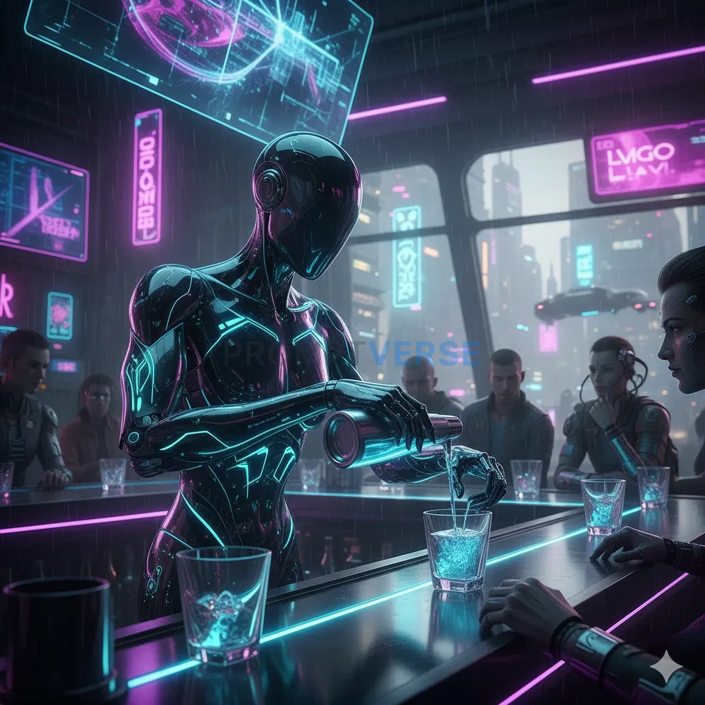 A sleek, futuristic android with bioluminescent circuits visible under its translucent skin, serving drinks in a high-tech cyb - PromptVerse