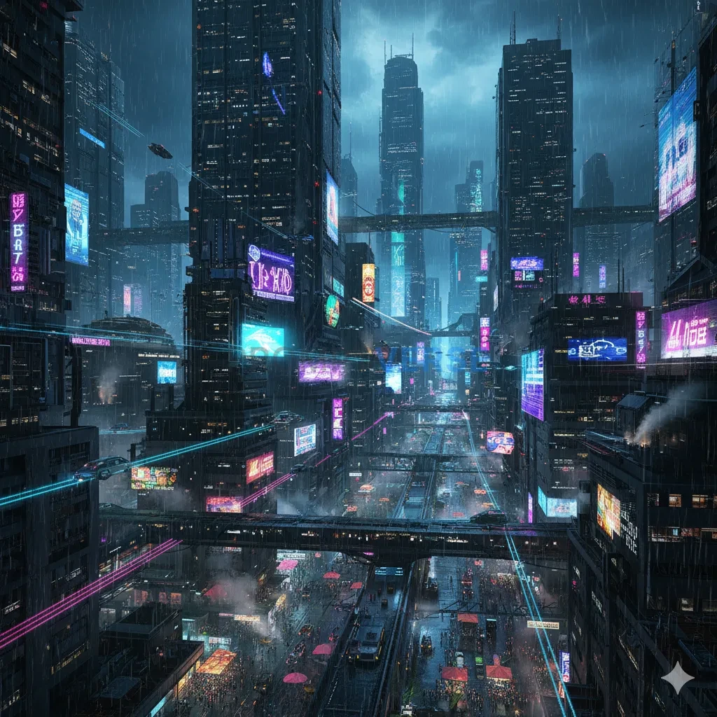 A sprawling, multi-level cyberpunk megalopolis at night, drenched in rain and neon light, with flying vehicles weaving between - PromptVerse