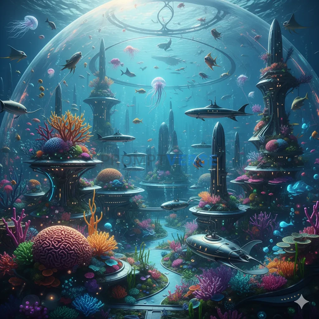 An underwater city enclosed in a massive, glowing biodome, with sleek submarines navigating between coral-encrusted buildings  - PromptVerse
