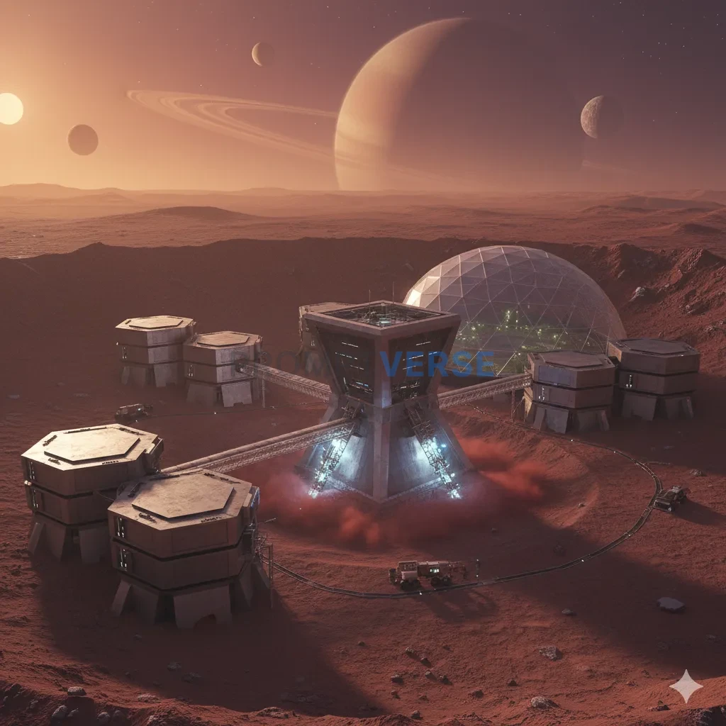A minimalist, off-world mining colony on a barren red planet, its geometric structures stark against the alien landscape under - PromptVerse