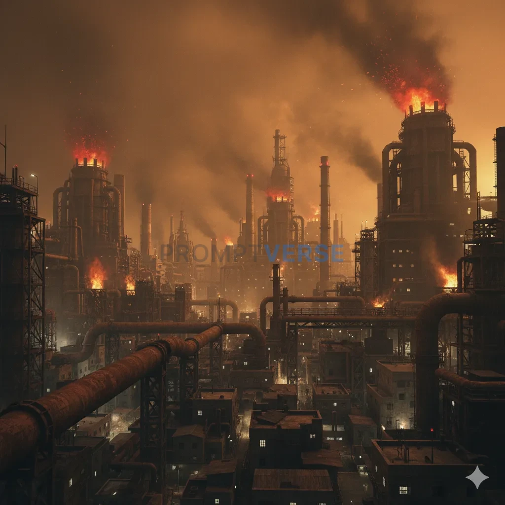 A dystopian industrial cityscape, choked with smog and illuminated by the fiery belch of massive factories, a labyrinth of pip - PromptVerse