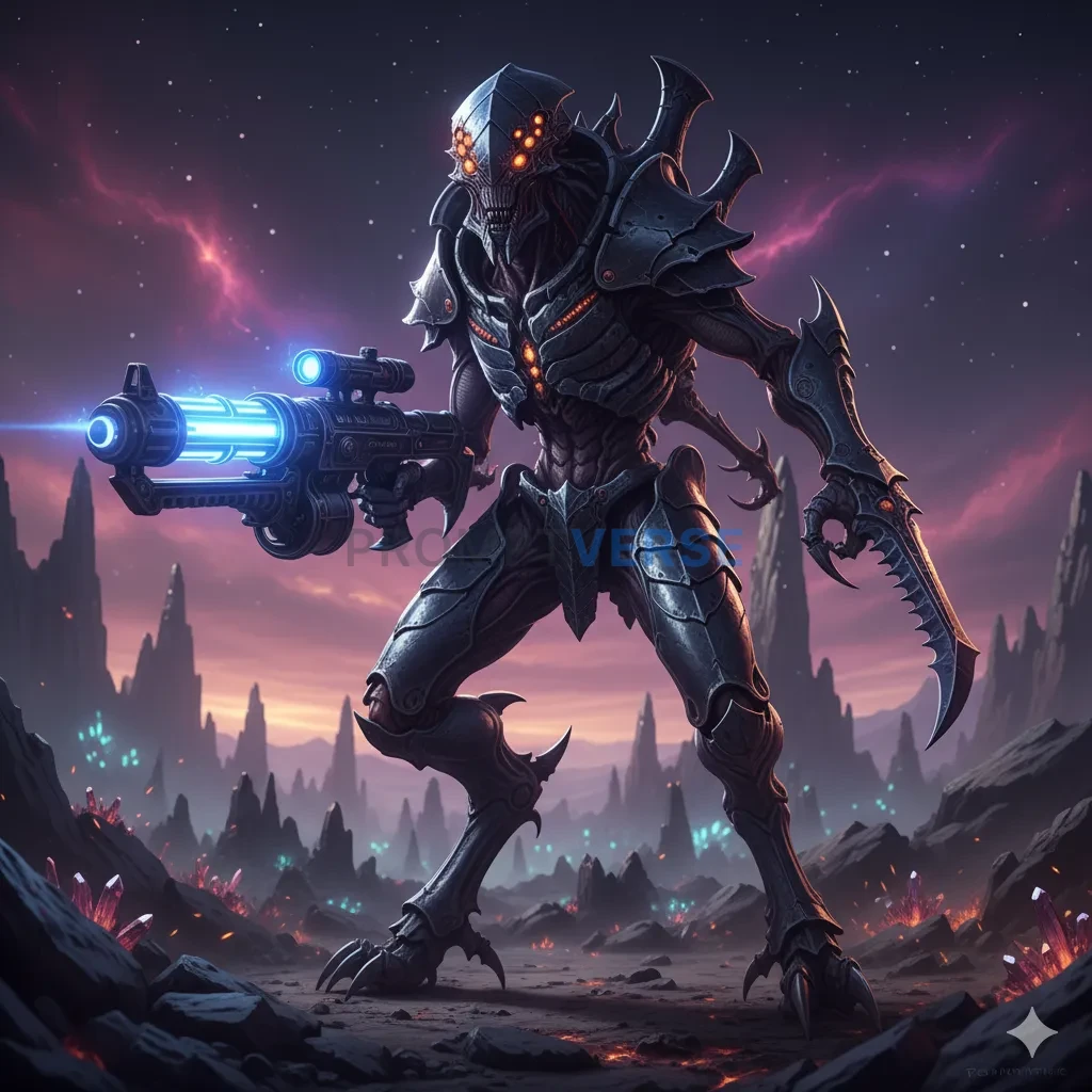 A towering, insectoid alien warrior from a warrior race, with multiple limbs and tough chitinous armor, holding a plasma rifle - PromptVerse