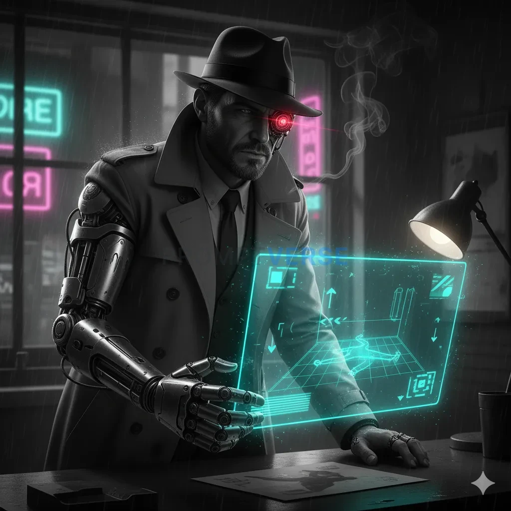 A heavily augmented cyborg detective with a mechanical arm and an optical implant, analyzing a holographic crime scene, film n - PromptVerse