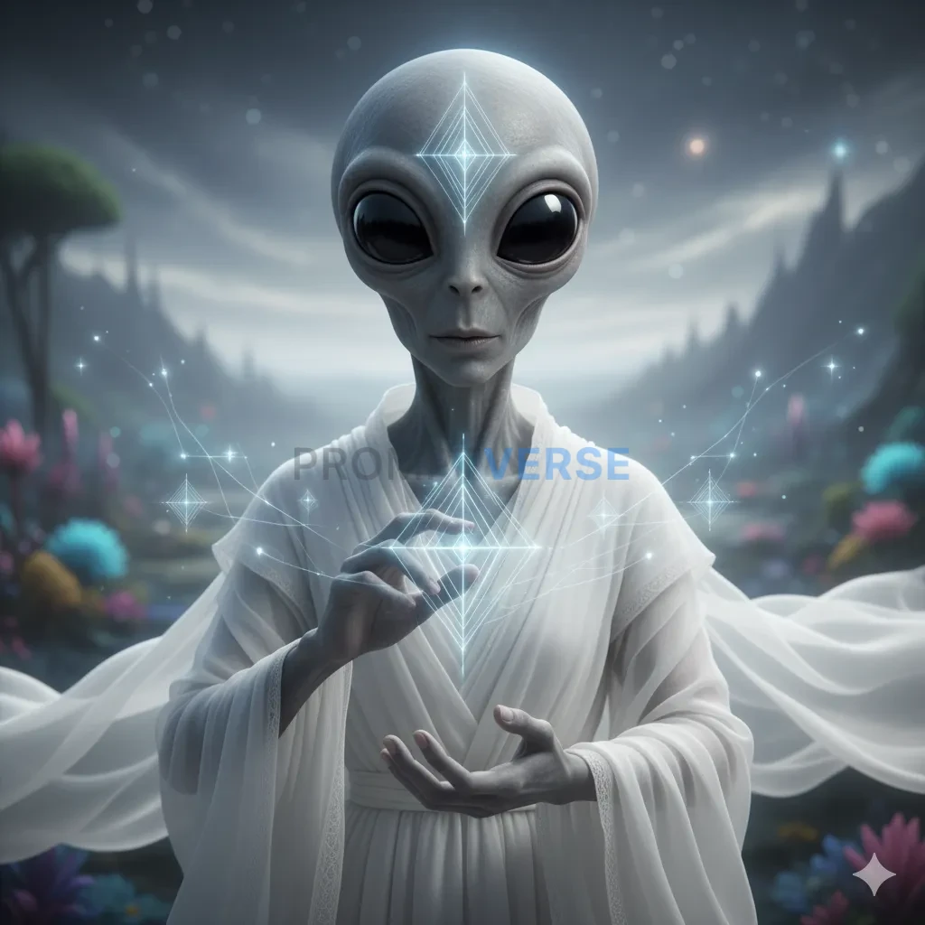 A serene, grey-skinned alien with large, black, empathic eyes, wearing flowing white robes and communicating through telepathy - PromptVerse