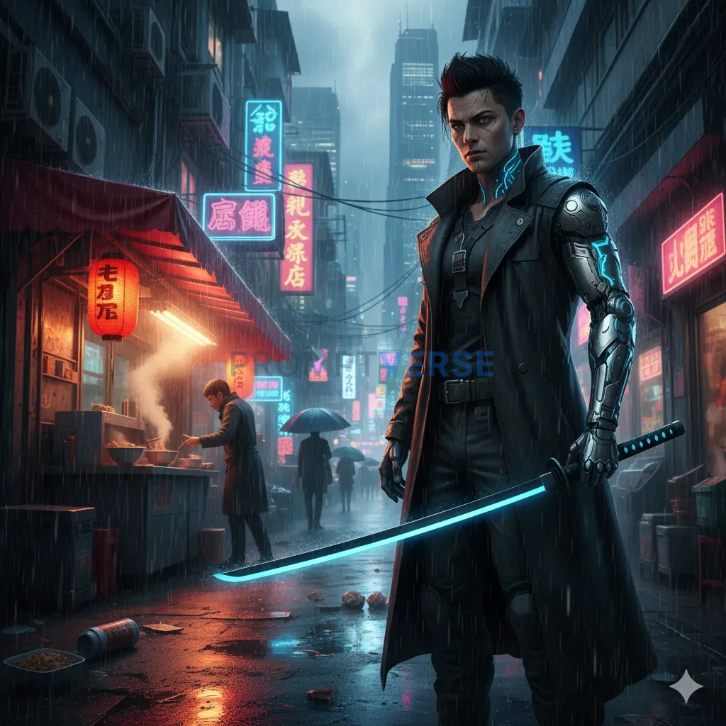 A gritty cyberpunk street samurai with a carbon-fiber katana and glowing neon tattoos, waiting in a rainy, noodle-stall-lit al - PromptVerse