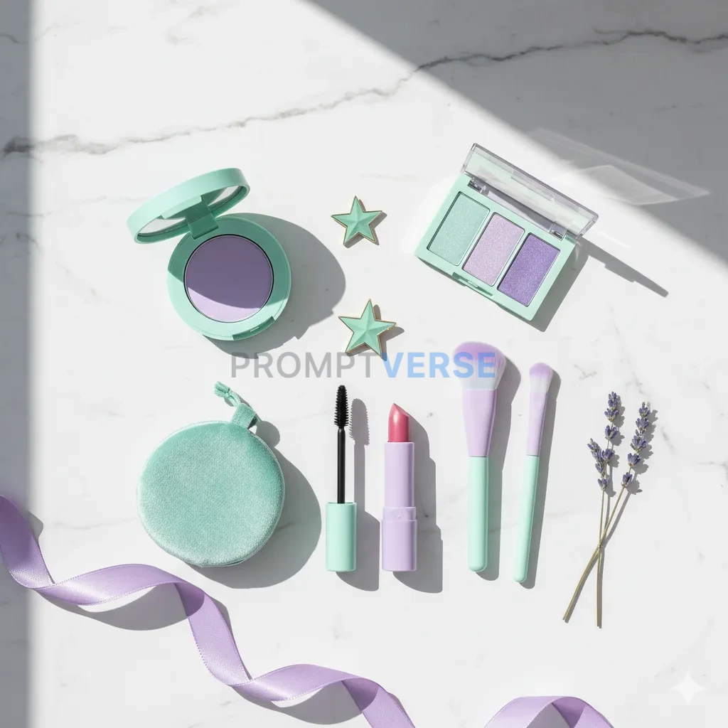 Mint and lilac makeup flatlay - PromptVerse