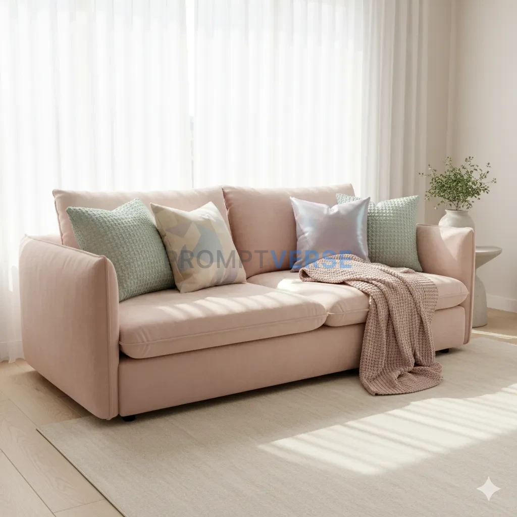 Pale pink couch with throw pillows - PromptVerse
