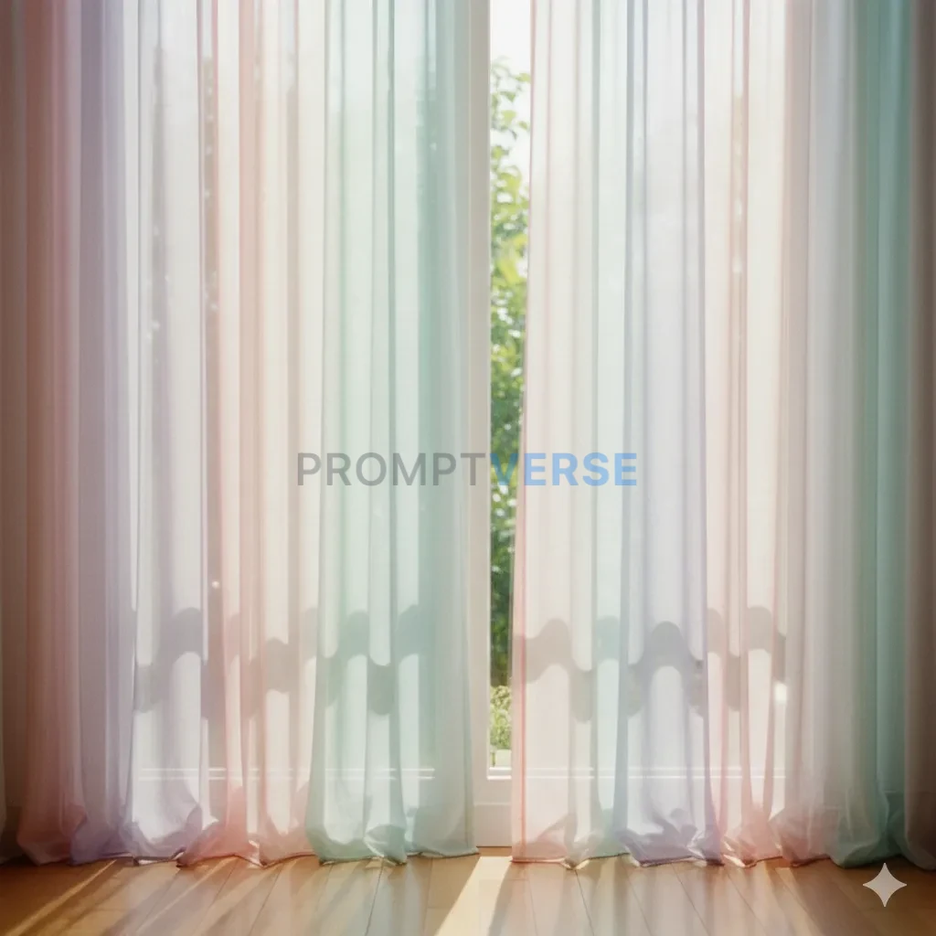 Morning sunlight through sheer pastel curtains - PromptVerse