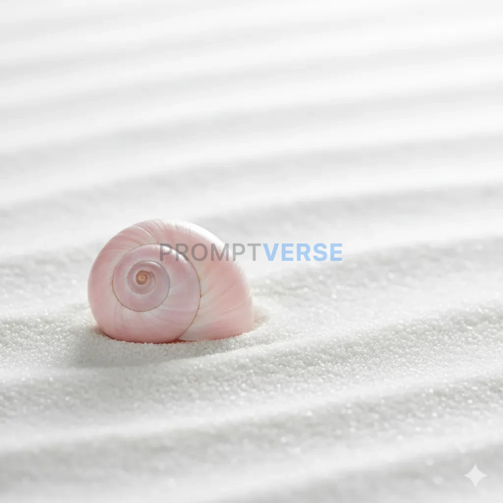 A single, perfect, pastel pink seashell, on a bed of clean, white sand. - PromptVerse