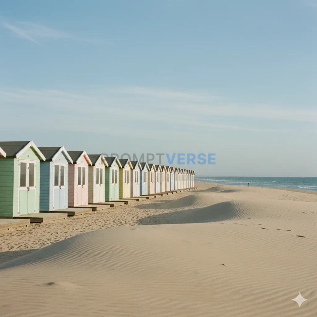 A row of pastel-colored beach huts on a clean, sandy beach. - PromptVerse