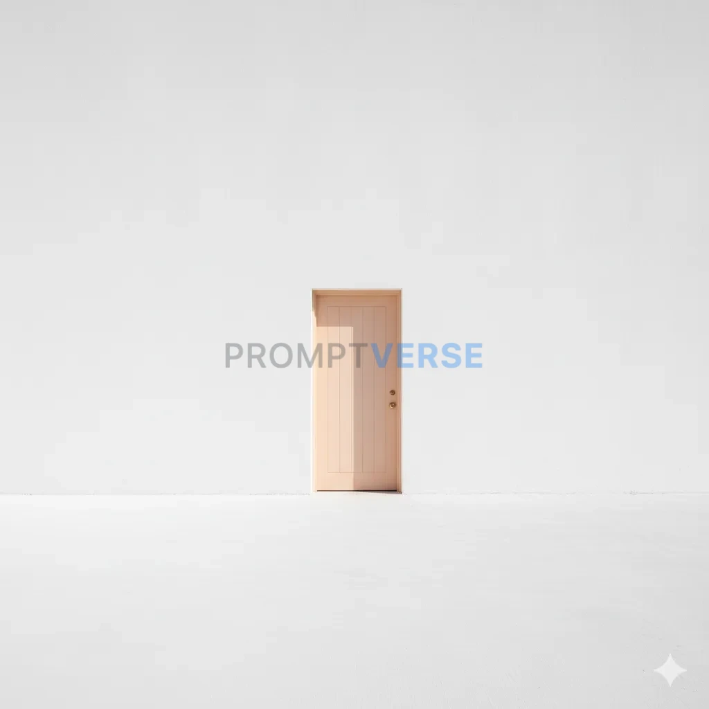 A serene, minimalist scene of a single, pastel-colored door in a long, white wall. - PromptVerse