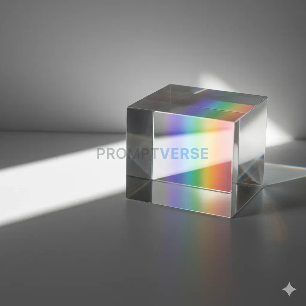 A glass prism on a white surface, refracting a beam of sunlight into a beautiful, vibrant rainbow, abstract and clean. - PromptVerse