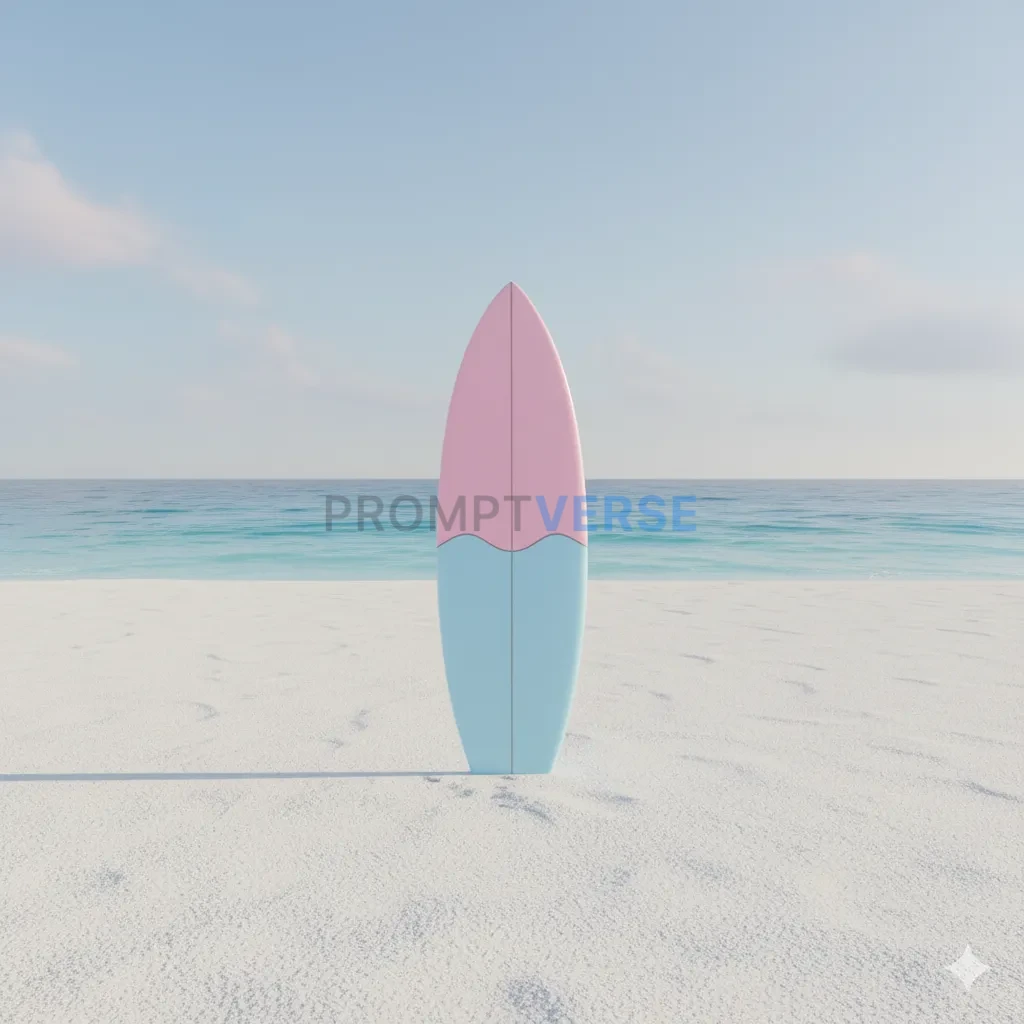 A pastel pink and blue surfboard, standing upright in the white sand of a clean, minimalist beach, realistic 3D render. - PromptVerse