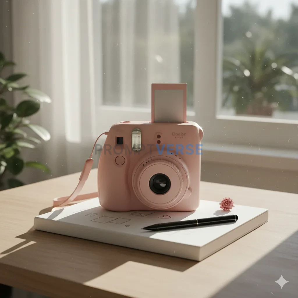 A vintage-style pastel pink instant camera, resting on a clean, white notebook next to a window with soft light streaming in. - PromptVerse