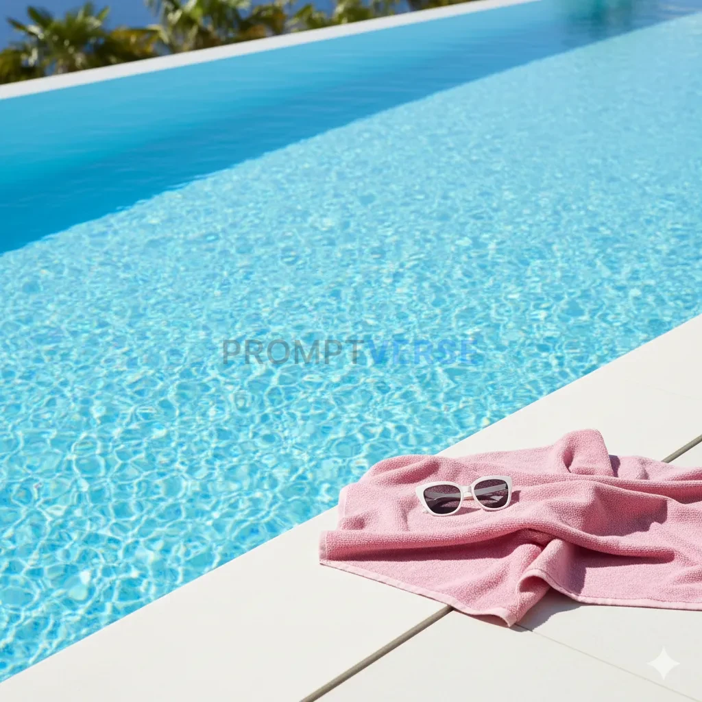 A crystal clear swimming pool with shimmering blue water, a soft pink towel, and a pair of white sunglasses resting on the edg - PromptVerse