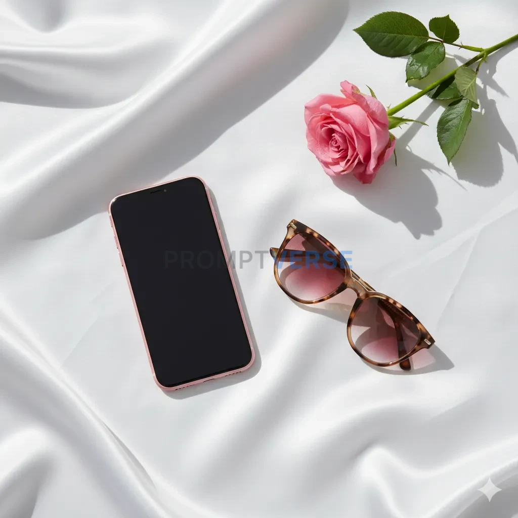 A flat lay of a pink iPhone, a pair of stylish sunglasses, and a single pink rose on a white silk sheet, clean morning light. - PromptVerse