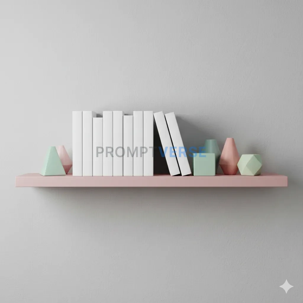 A minimalist pink shelf, perfectly organized with white books and small, geometric pastel vases, soft, diffused studio light. - PromptVerse