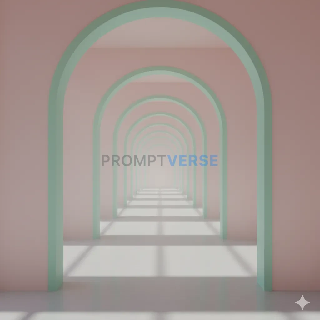 A clean, minimalist architectural hallway of repeating arches, in soft pastel pink and mint green, with gentle, ethereal light - PromptVerse