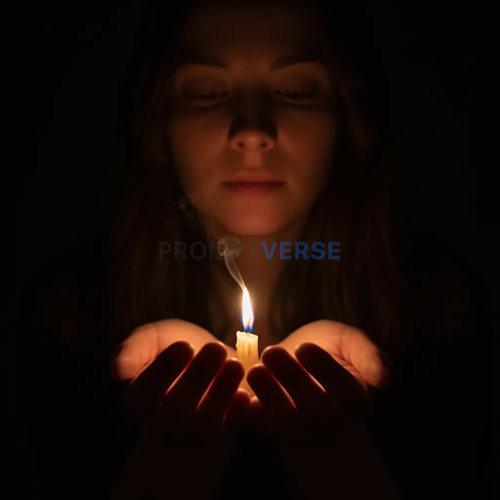 Close-up of a woman's hands gently cupping a tiny, delicate flame from a candle, her face illuminated by its warm glow in a da - PromptVerse