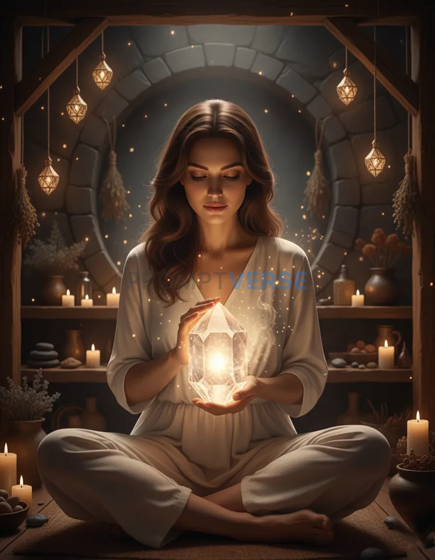 A woman with a compassionate gaze, holding a crystal that glows softly, in a dimly lit, sacred space adorned with natural elem - PromptVerse