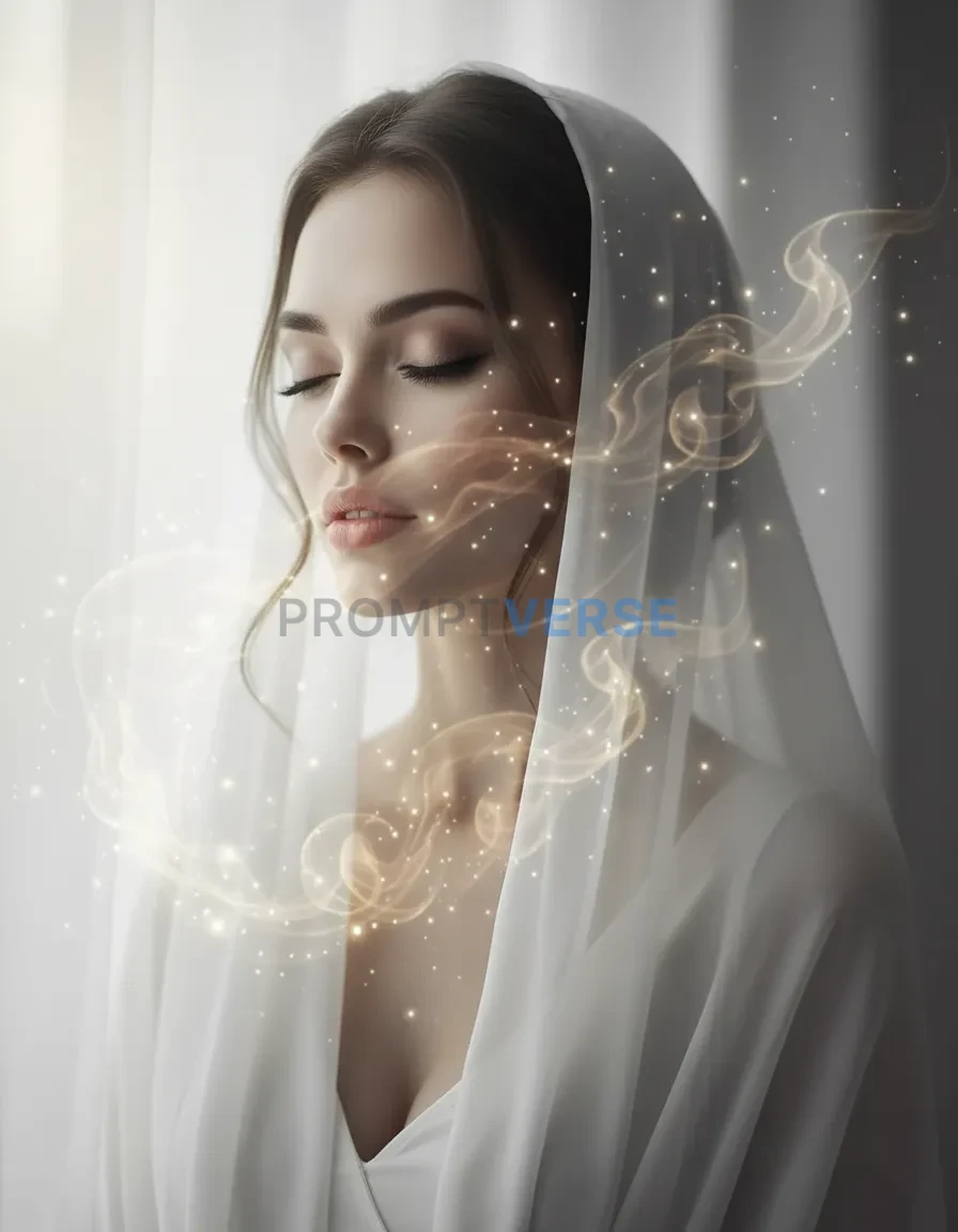 Ethereal portrait of a woman with her eyes closed, soft light filtering through a sheer white curtain, as if in a trance. Deli - PromptVerse