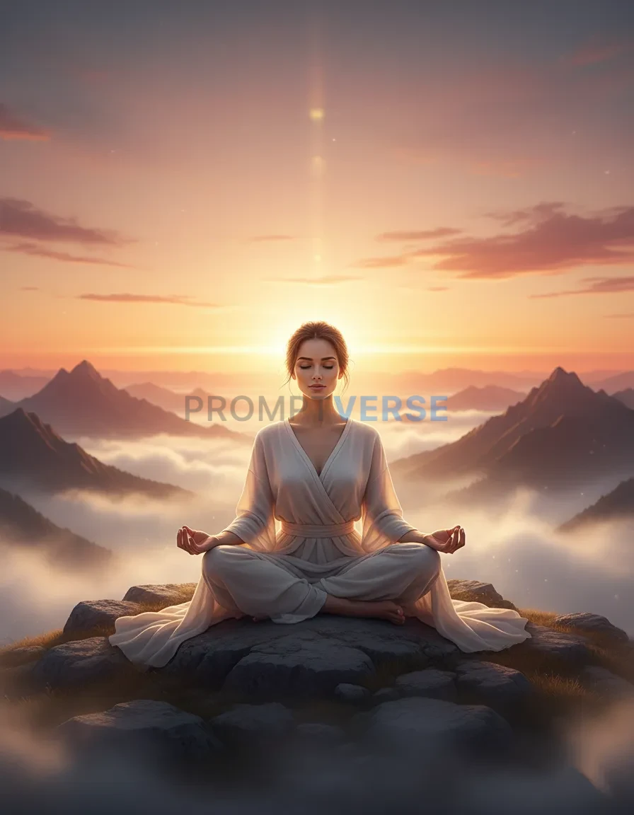 A serene woman meditating in a lotus position on a mountaintop at sunrise, a gentle mist swirling around her. Golden light bat - PromptVerse