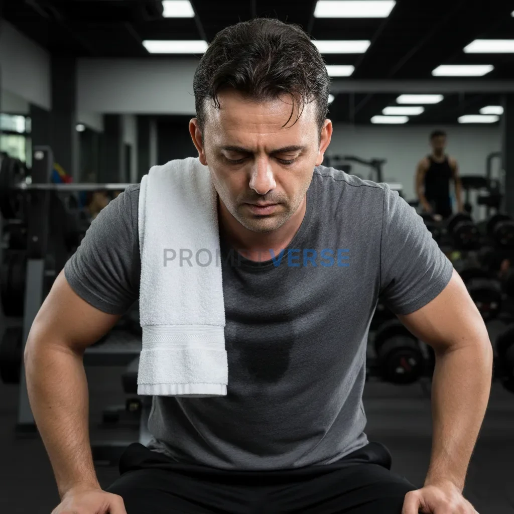 Cinematic portrait, man seated on bench between sets, breathing heavily, towel over shoulder, natural sweat glow. - PromptVerse
