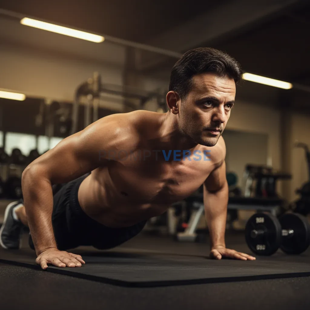 Cinematic portrait of a man doing push-ups on gym mat, shirtless torso slightly defined, sweat glistening under warm gym light - PromptVerse
