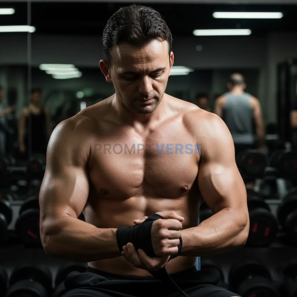 Close-up cinematic shot of man wrapping hands with wrist straps, shirtless, focused look, gym mirrors blurred in background. - PromptVerse
