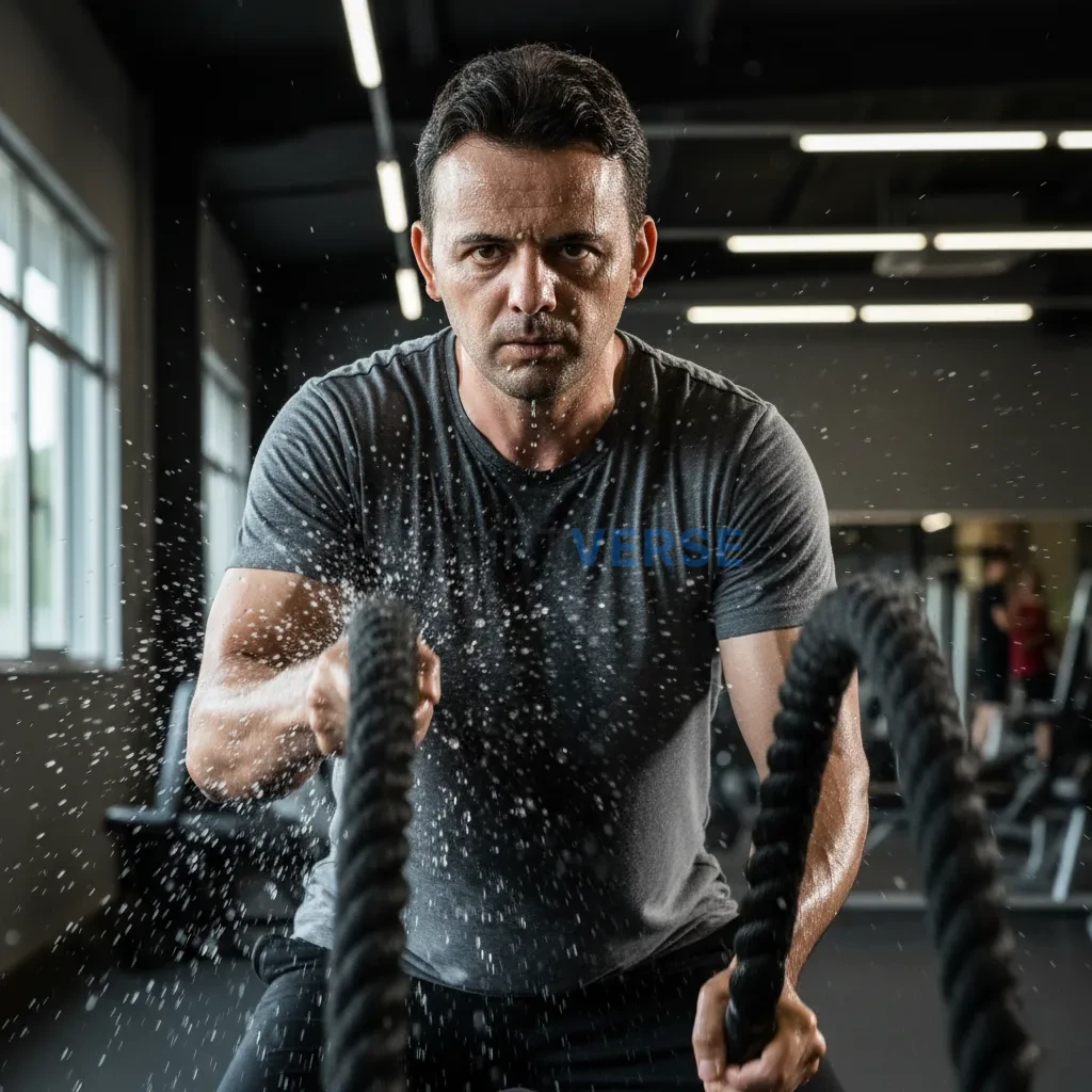 Ultra-detailed close-up, man gripping heavy ropes (battle ropes), sweat spraying mid-motion, muscles partially defined. - PromptVerse