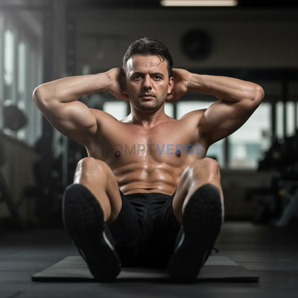 Cinematic portrait of man performing sit-ups on mat, shirtless torso tightening, cinematic low-angle perspective. - PromptVerse