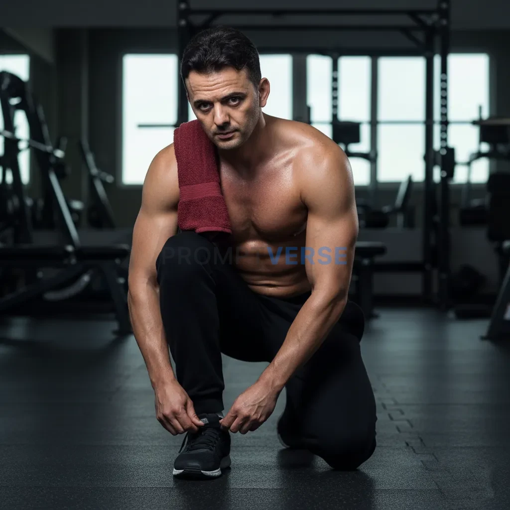 Cinematic editorial portrait, man tying shoelaces on gym floor, shirtless upper body flexing slightly, gym equipment blurred b - PromptVerse