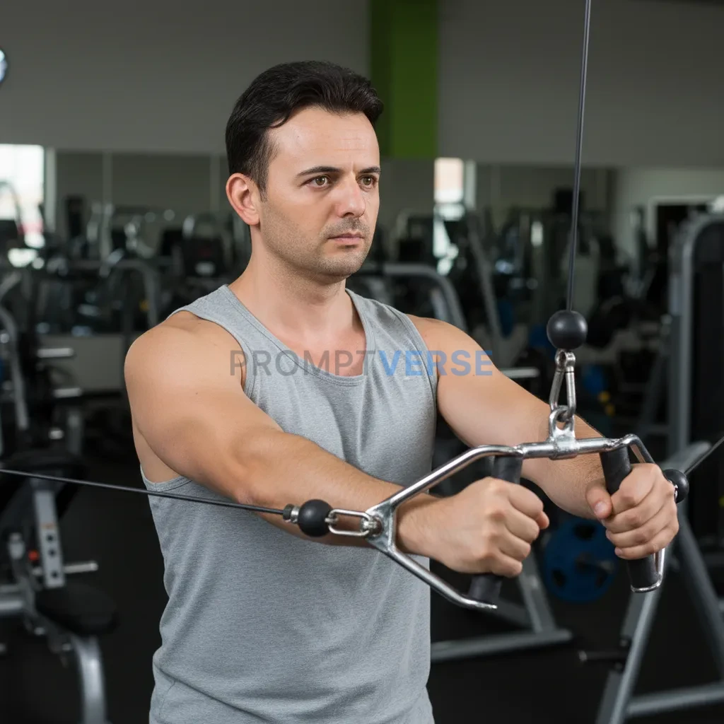 Portrait of a man at the gym, wearing a tank top, chest and arms slightly toned, beginner physique, using a cable machine, foc - PromptVerse