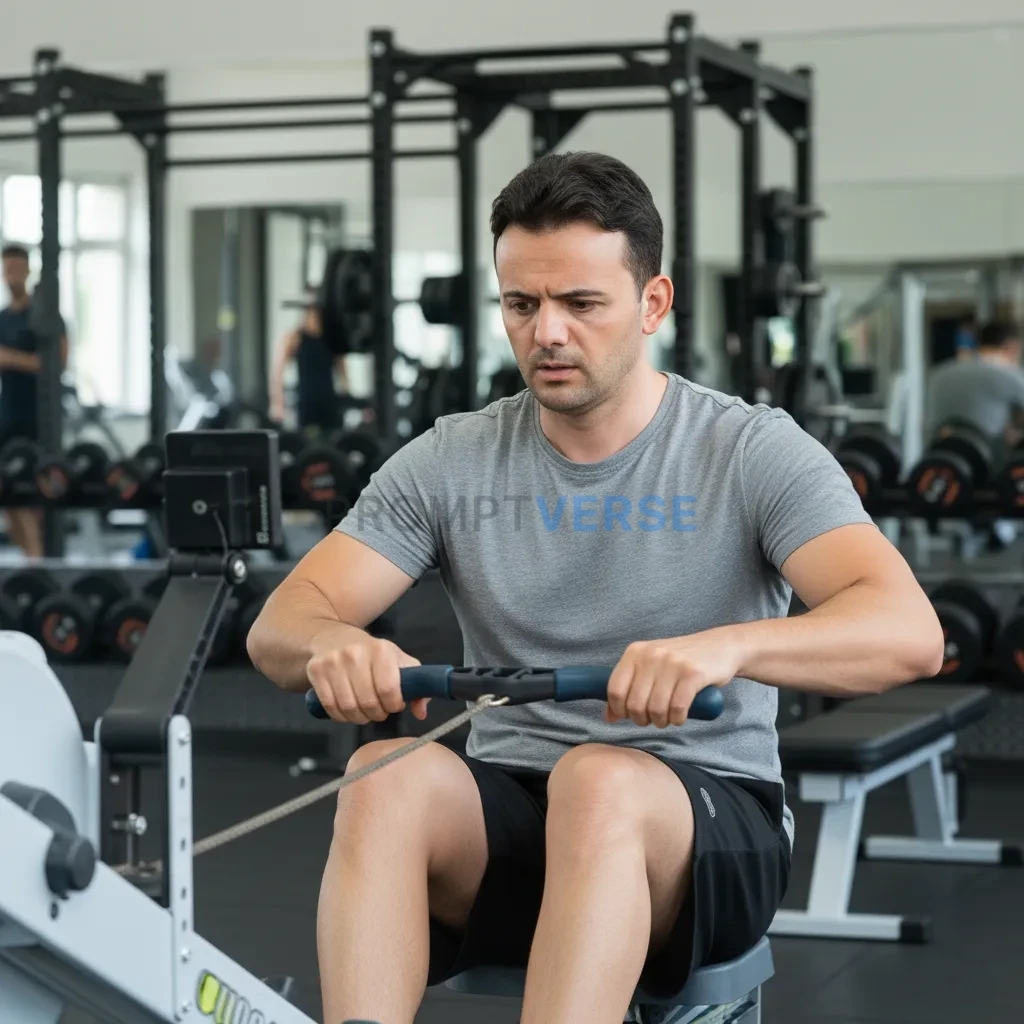 A young man at the gym learning to use a rowing machine, portrait style, natural look, beginner physique, focused but slightly - PromptVerse