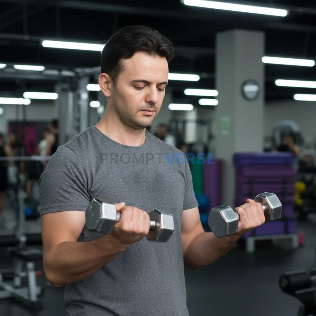 A natural portrait of a young man at the gym, slightly sweaty, just starting his fitness journey, practicing with light dumbbe - PromptVerse