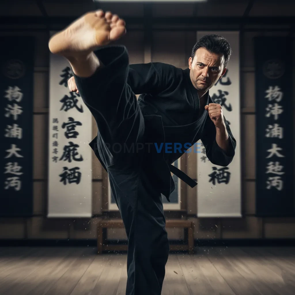 Cinematic close-up of a man in black gi mid-kick, blurred dojo banners in background. - PromptVerse