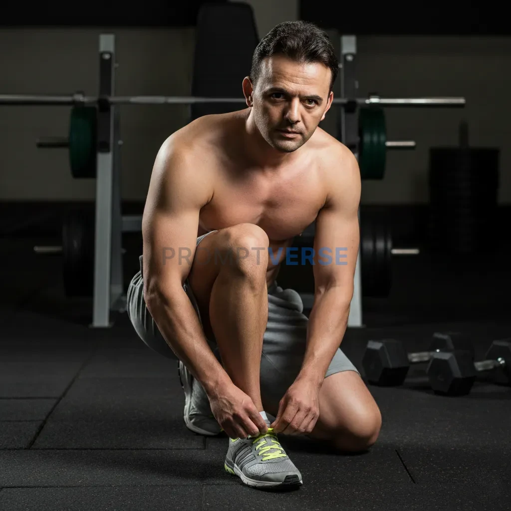 Editorial portrait, man tying shoelaces casually on gym floor, shirtless upper body flexing naturally, blurred weights and equ - PromptVerse