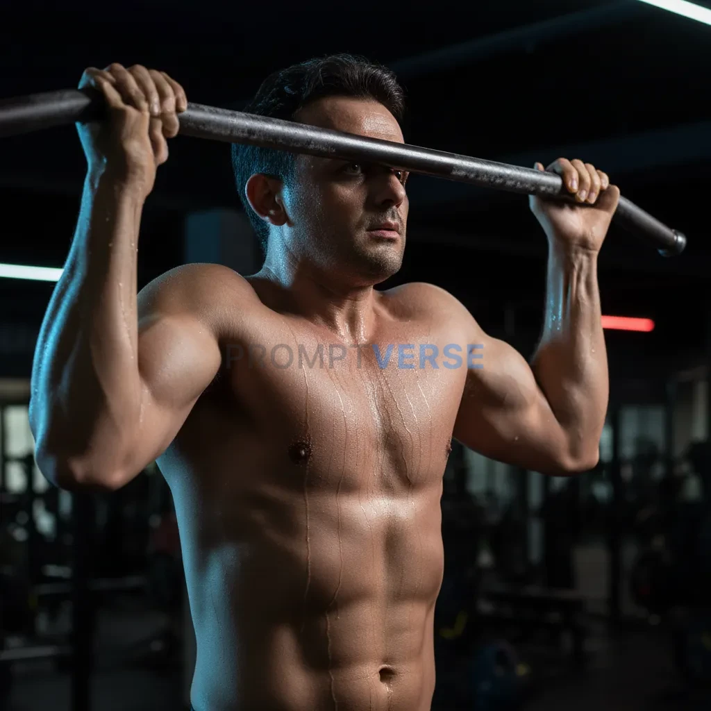 Cinematic portrait of a man gripping pull-up bar, sweat dripping down his arms, neon gym light reflecting softly, powerful but - PromptVerse