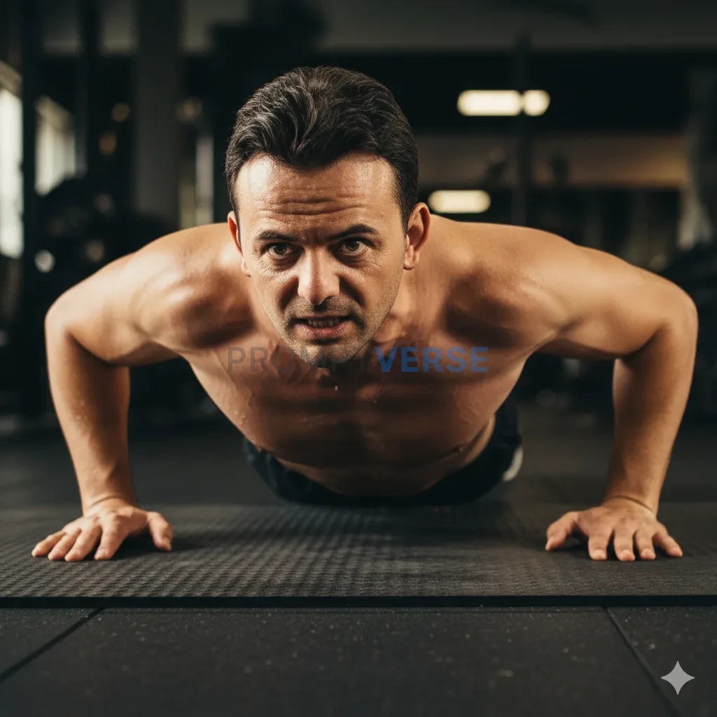 Cinematic close-up of a man mid-push-up on gym mat, shirtless torso slightly defined, sweat catching soft golden gym light, ca - PromptVerse