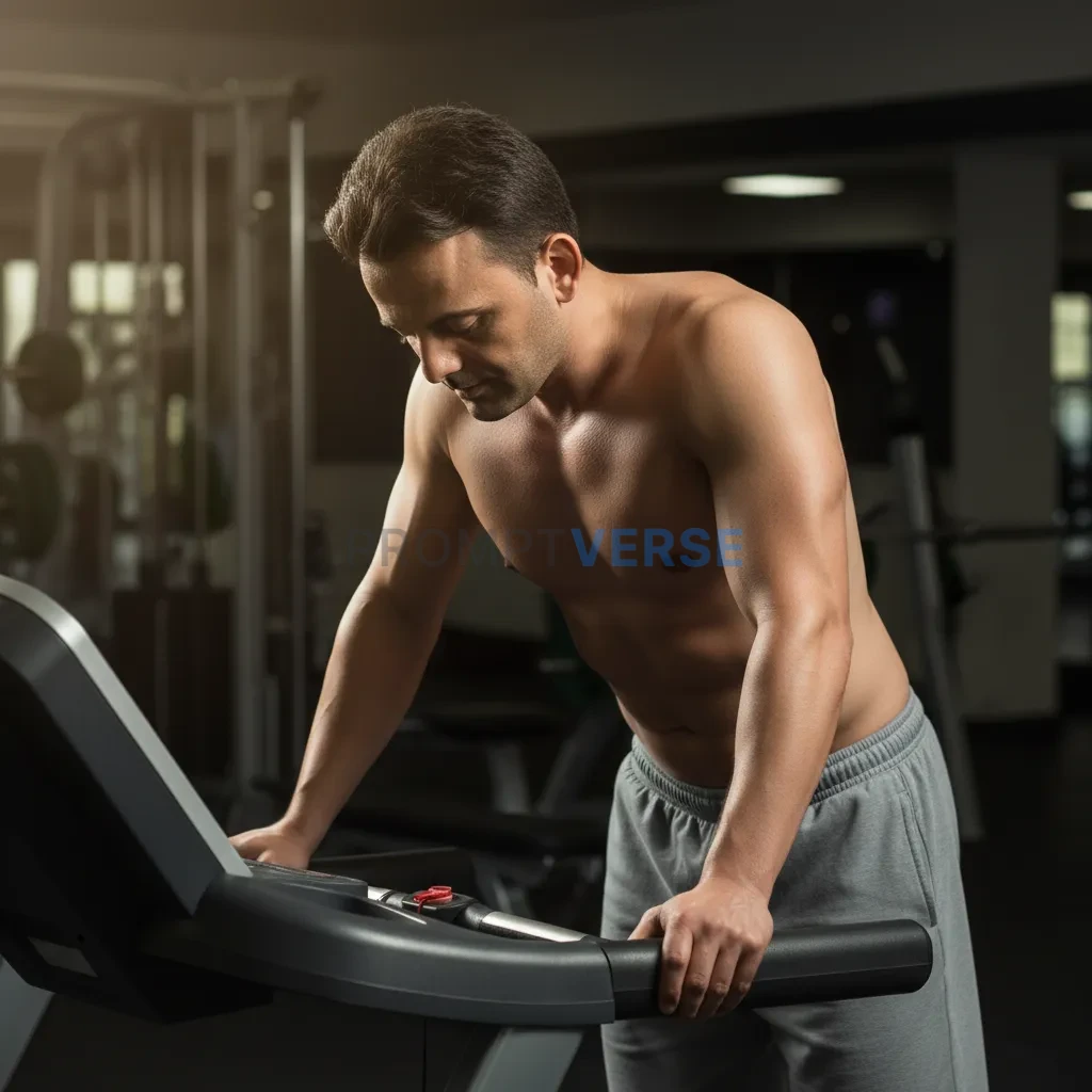 Cinematic portrait, man leaning forward on treadmill rails, shirtless, catching breath after intense run, golden light outlini - PromptVerse