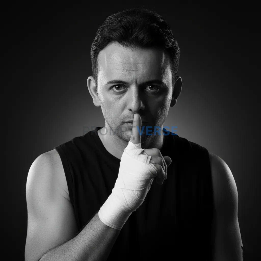A high-contrast black and white digital portrait of a young man wearing a black sleeveless tank top, standing against a smooth - PromptVerse