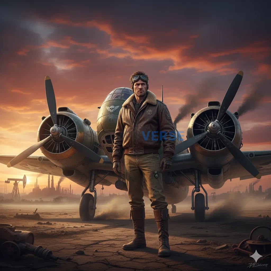 A gritty, dieselpunk pilot with a bomber jacket and a determined expression, standing in front of his powerful, propeller-driv - PromptVerse