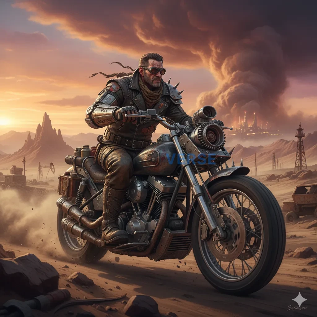 A tough, dieselpunk road warrior in a leather jacket and grease-stained trousers, driving a heavily modified, supercharged mot - PromptVerse