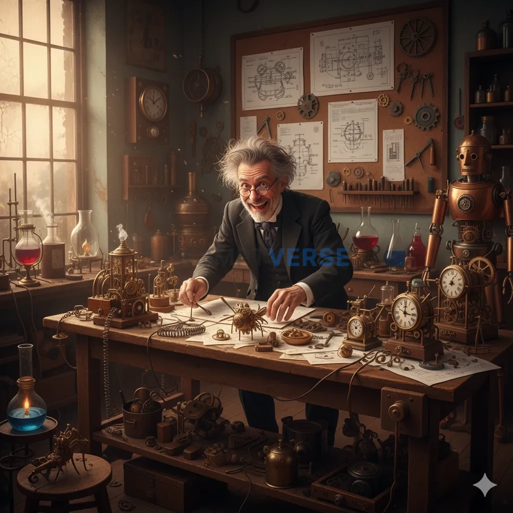 A brilliant but eccentric inventor in a cluttered Victorian workshop, surrounded by blueprints and half-finished clockwork cre - PromptVerse