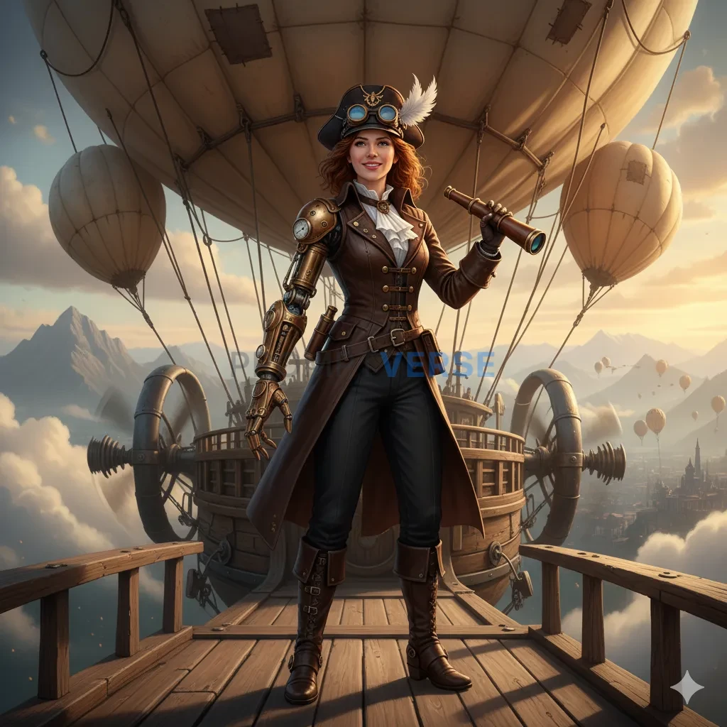 A charismatic steampunk airship captain with a brass prosthetic arm and intricate goggles, standing confidently on the deck of - PromptVerse