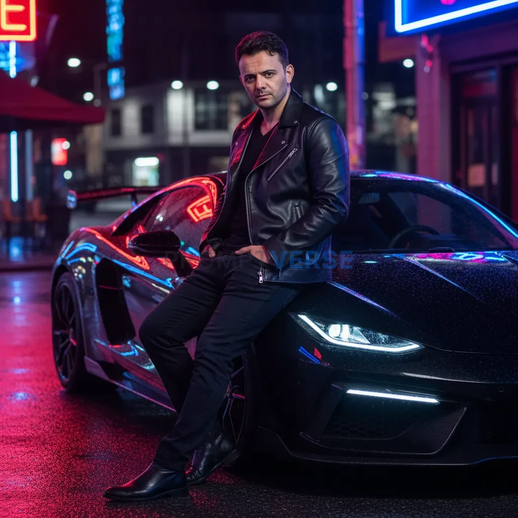 Young man posing beside a sports car under neon lights, fashion editorial style, dynamic energy. - PromptVerse