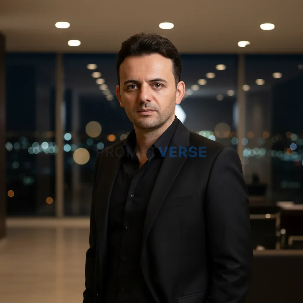 Stylish man wearing black formal attire, standing in a modern office environment, cinematic professional portrait. - PromptVerse