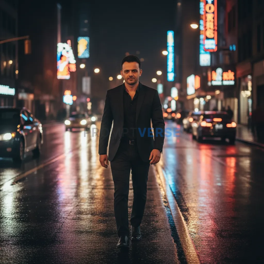 Man walking confidently through a city street at night, blurred car lights behind him, luxury urban aesthetic. - PromptVerse