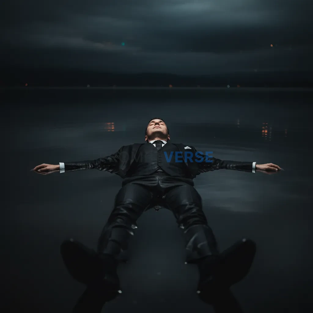 Portrait of a man floating on water in a black suit, eyes closed, reflection visible, dark cinematic mood, ultra realistic pho - PromptVerse